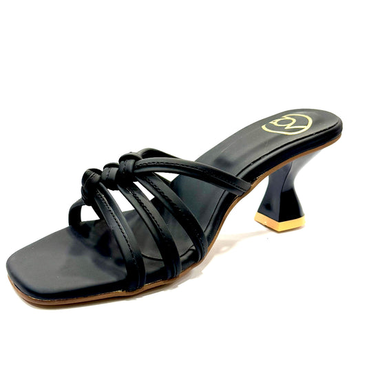 Black sandal with a high heel on a white background