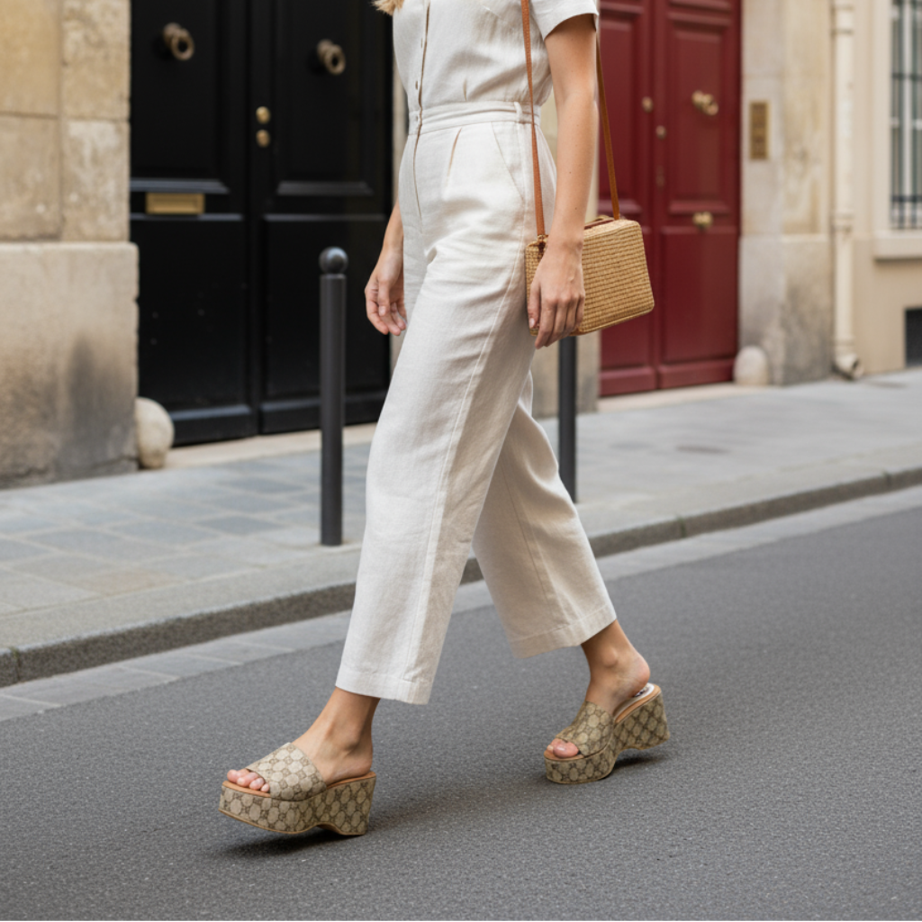 Woman in a stylish outfit with a hat and platform shoes walking on a city street.